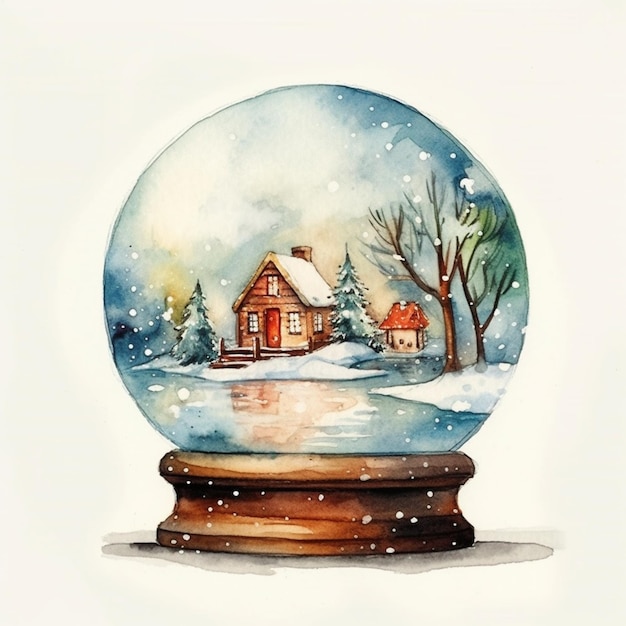 Watercolor snow globe with a house in the background