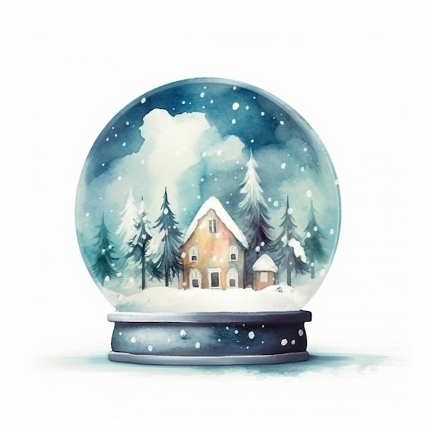 Watercolor snow globe with a house on the snow. watercolor illustration.