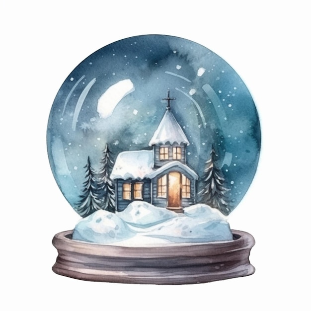 Watercolor snow globe with a house in the snow. watercolor snow globe with a house in the snow stock illustration