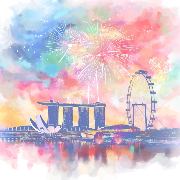 Watercolor soft colors illustration for Singapore National Day celebration with city skyline