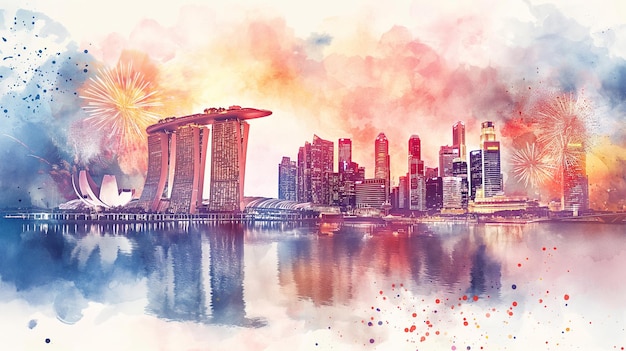 Watercolor soft colors illustration for Singapore National Day celebration with city skyline