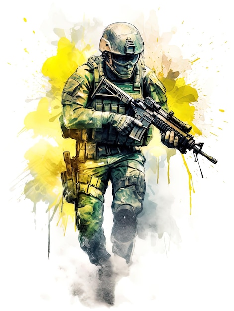 Watercolor of a soldier with his weapon and the colors of Brazil behind creative AI