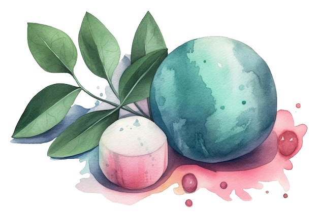 Watercolor Spa composition with bath bombs and eucalyptus Generative AI