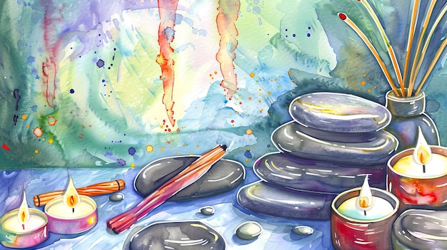 Watercolor Spa Stones and Candles Artistic Illustration Concept of spa wellness relaxation calmness