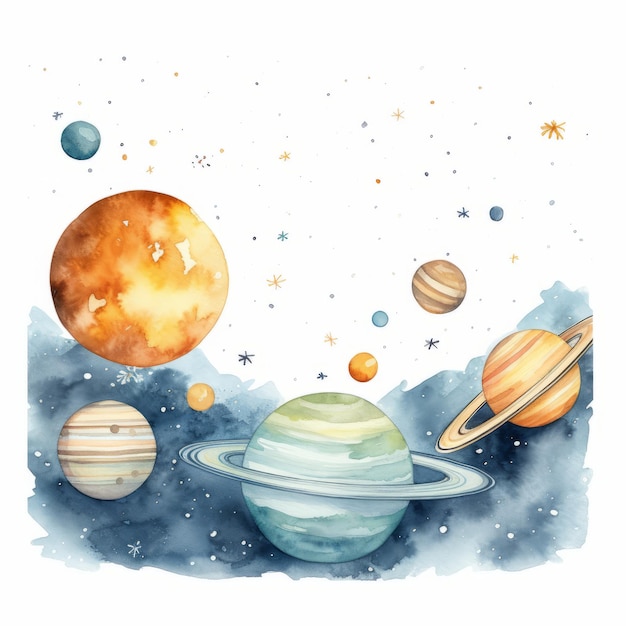 Watercolor space background with planets and stars Hand drawn illustration