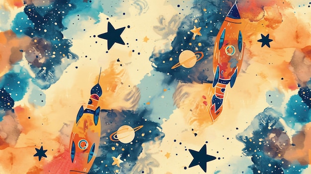 Photo watercolor space seamless pattern with rockets stars and planets