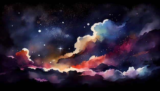 Watercolor space texture with glowing stars Night starry sky with paint strokes and swashes