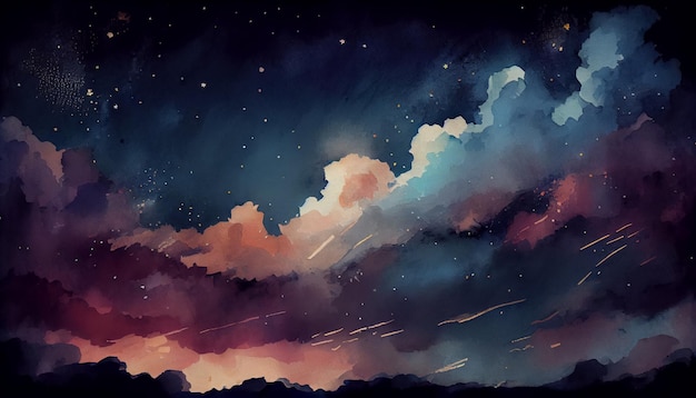 Watercolor space texture with glowing stars Night starry sky with paint strokes and swashes