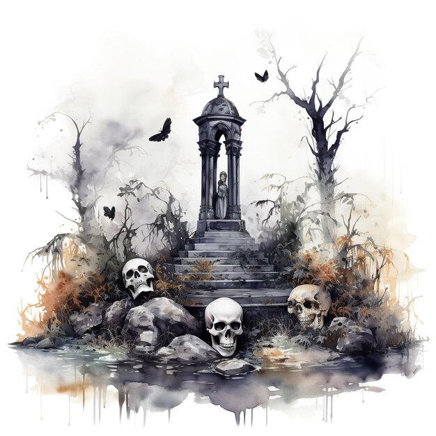 Watercolor spooky cemetery and tombs Halloween illustration theme