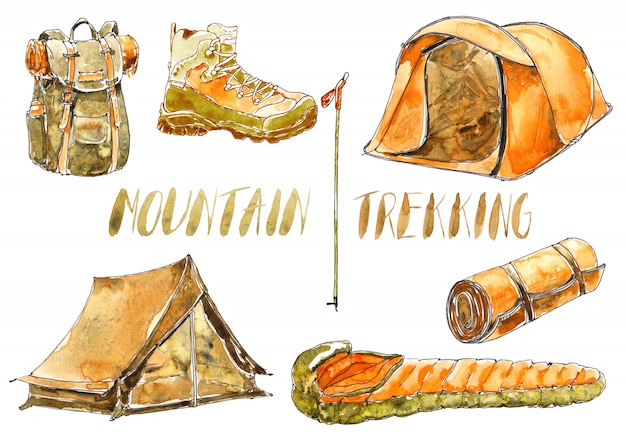 Watercolor sport and camping equipment