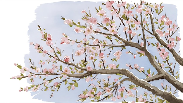 Photo watercolor spring blooming cherry tree branches background card template hand painted on a white background