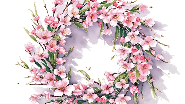 Photo watercolor spring blooming cherry tree flowers wreath hand painted on a white background