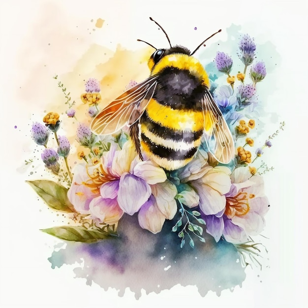 Watercolor Spring Flower Bee Design