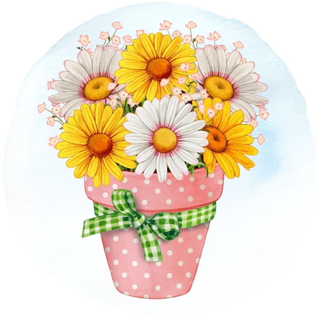 Watercolor spring flower pot of colorful daisies