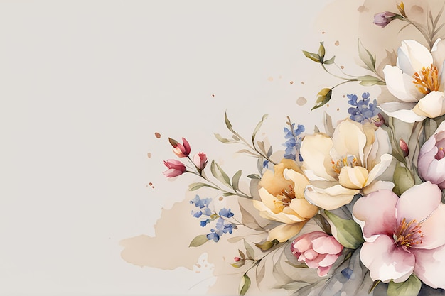 Watercolor spring flowers on beige background copy space wallpaper