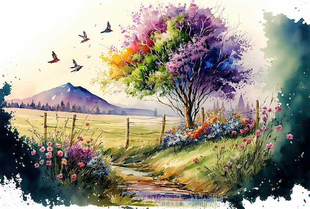 Watercolor spring landscape painting Trees bloom meadow and mountains