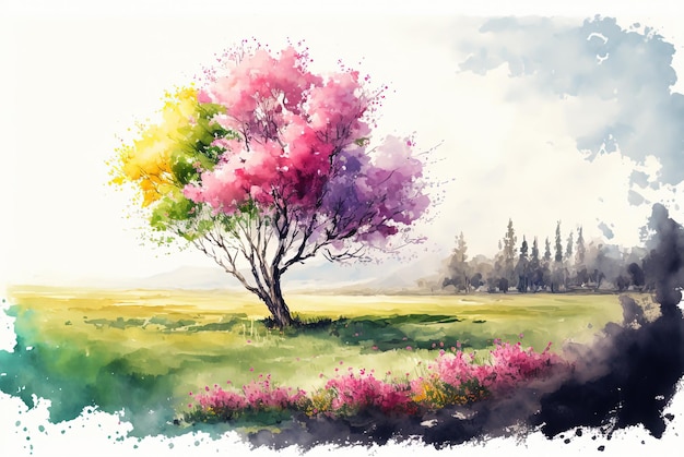 Watercolor spring landscape painting Trees flowers and meadow