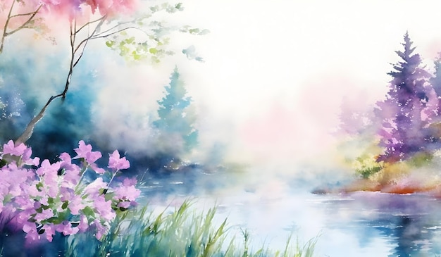 Watercolor spring landscape with trees grass and flowers Digital art painting