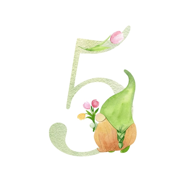 Watercolor spring number 5 with gnome