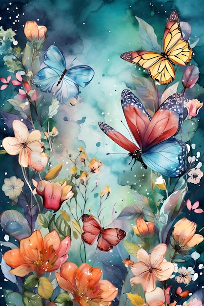 Watercolor spring and summer background with wildflowers and butterflies Generative AI