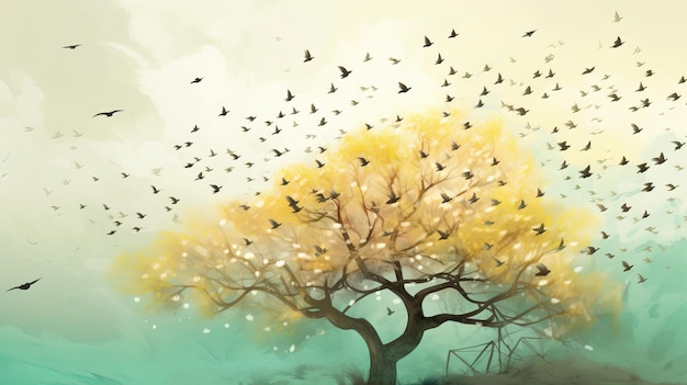 Watercolor Spring Tree with Flying Birds