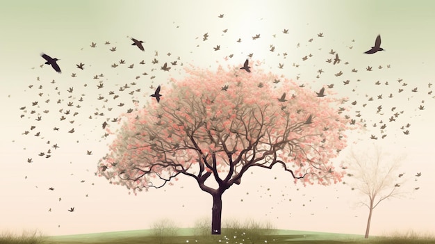 Watercolor Spring Tree with Flying Birds