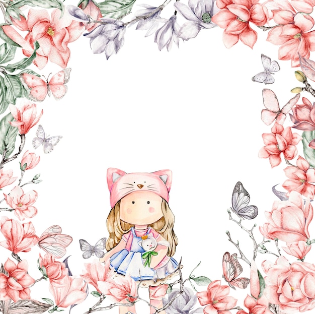 Watercolor square flower frame in cartoon style with a cute girl doll in a dress