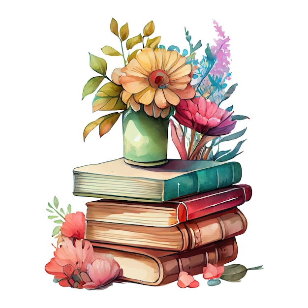 Watercolor stack of books with a flower vase illustration Generative AI