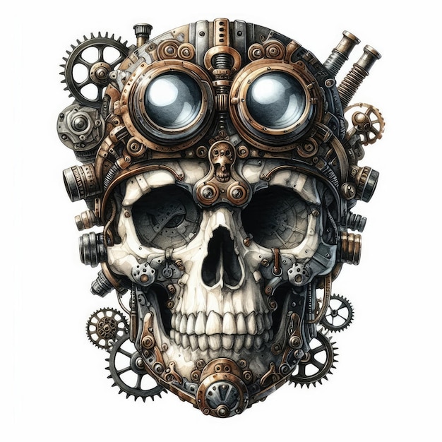 Photo watercolor steampunk skull elements mechanical skulls metallic skulls antique illustrations