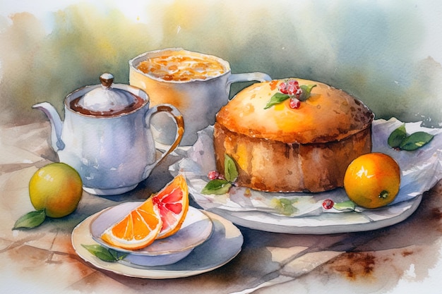 Watercolor still life with cupcake teapot cup lemon and orange