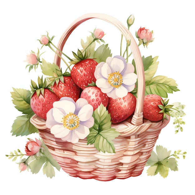 Watercolor Strawberry in basket watercolor clipart illustration