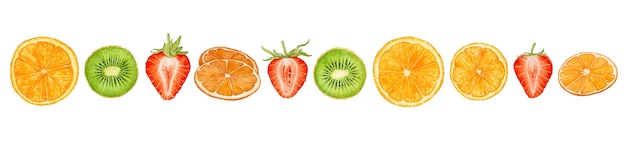 Watercolor strawberry orange kiwi slices isolated on white background