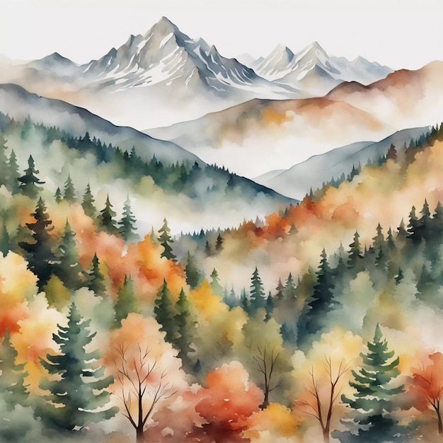 Watercolor style of a breathtaking landscape of a mountain range covered in a mix of evergreen