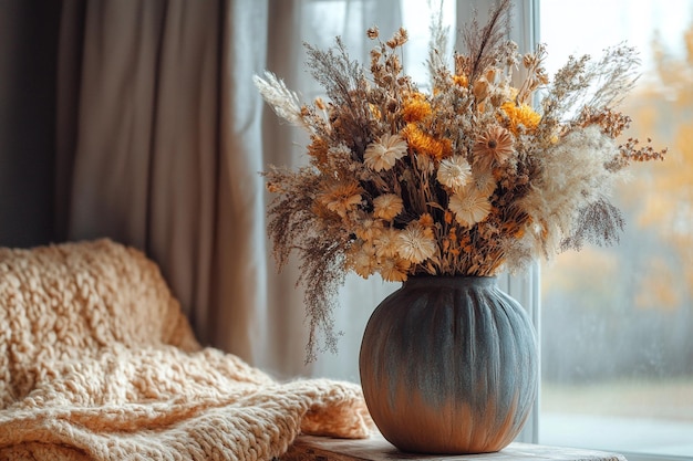 Watercolor Style Cozy Fall Home Interior with Dried Flowers