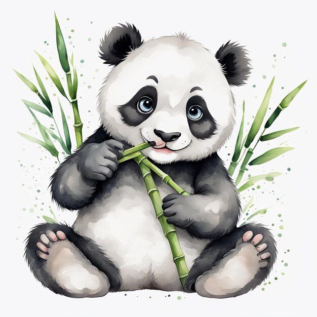 Watercolor style of a cute cartoon style panda eating bamboo while sitting with a content smile