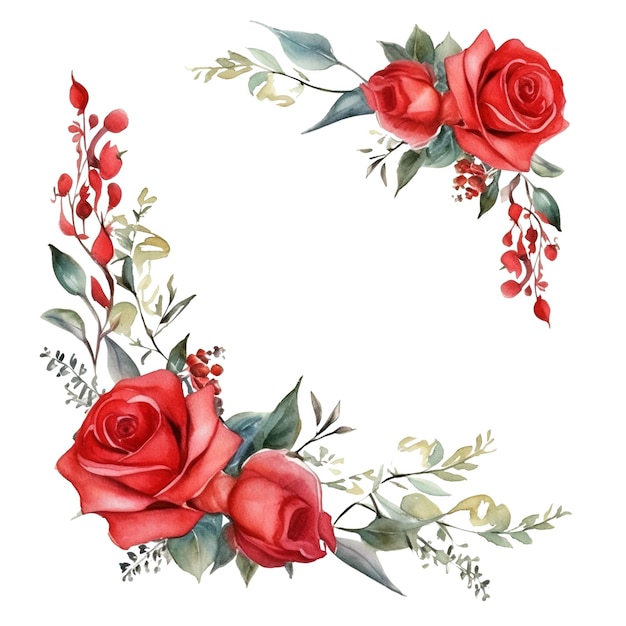 Watercolor style floral frame with red roses and greenery on white background