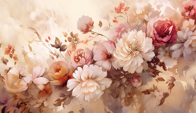 Watercolor style flowers botanical background or wallpaper design Generative AI