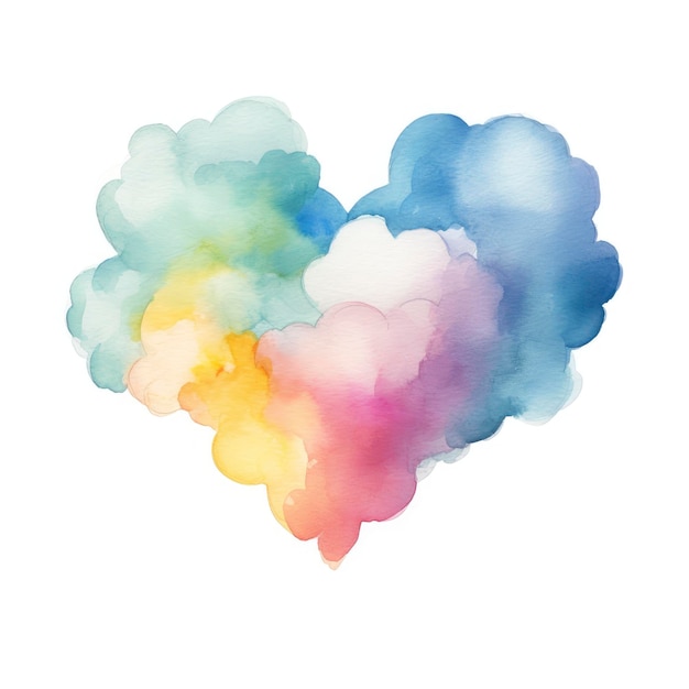 Watercolor Style Fluffy Rainbow Cloud in the Shape of Heart