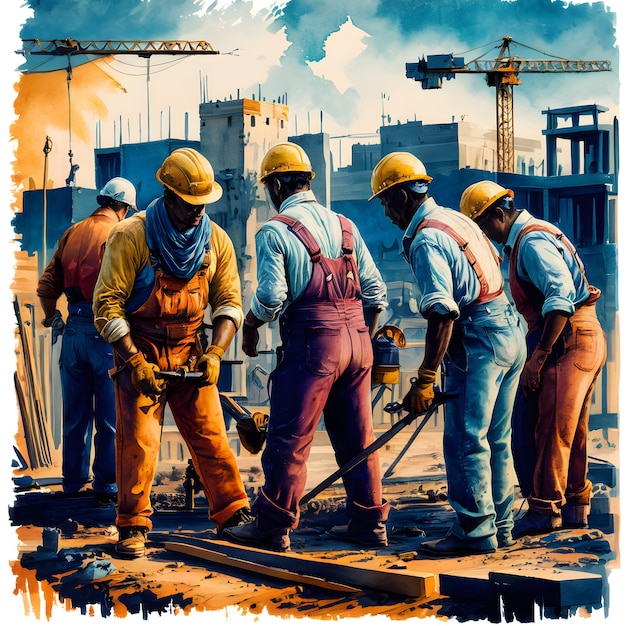 Watercolor Style Group of Workmen Illustration Construction Workers Art