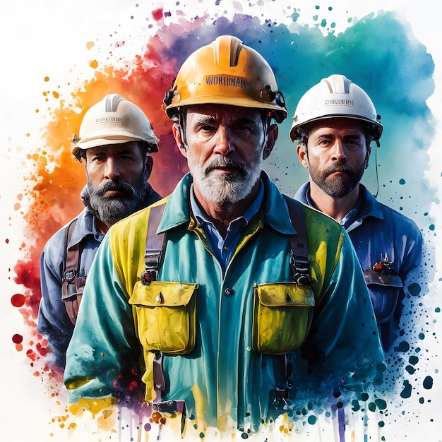 Watercolor Style Group of Workmen Illustration Construction Workers Art