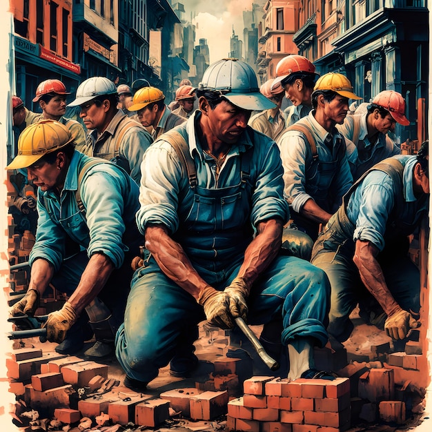 Watercolor Style Group of Workmen Illustration Construction Workers Art