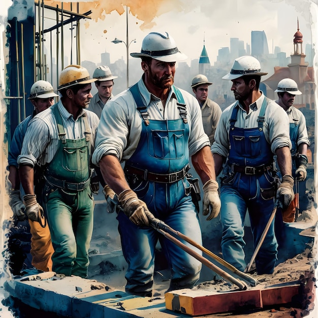 Watercolor Style Group of Workmen Illustration Construction Workers Art