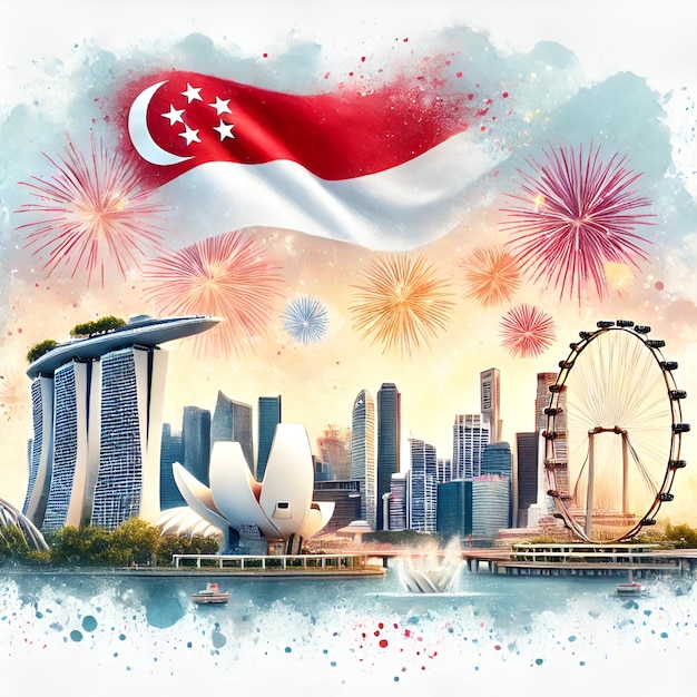 Photo watercolor style illustration celebrating singapore national day with iconic symbols