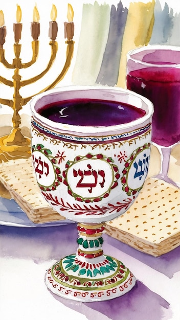 watercolor style illustration of jewish wine cup for wine passover holiday and shabbat concept