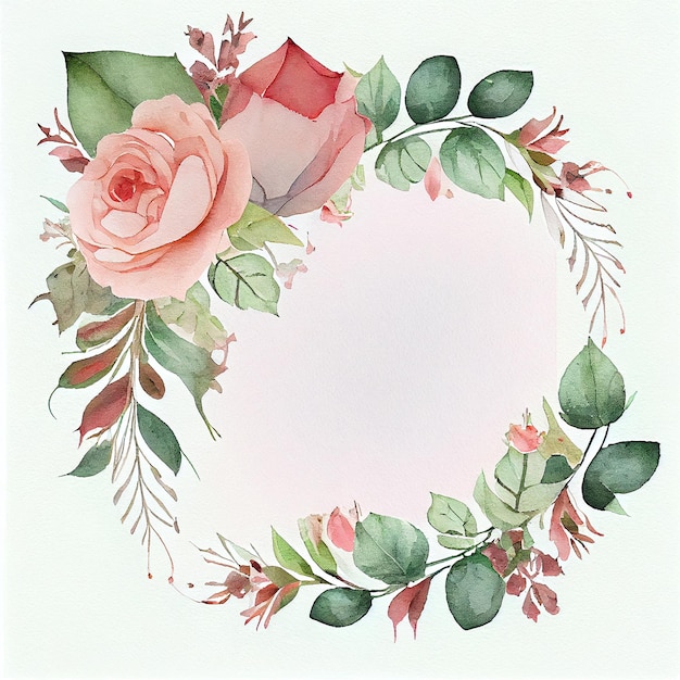 Watercolor Style Natural Frame with Cute Flowers for Wedding Card Generative AI