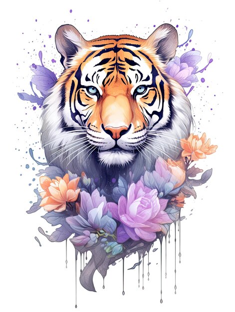 Photo watercolor style pastel color beautiful tiger with spring summer flowers art tattoo isolated on white background generative ai