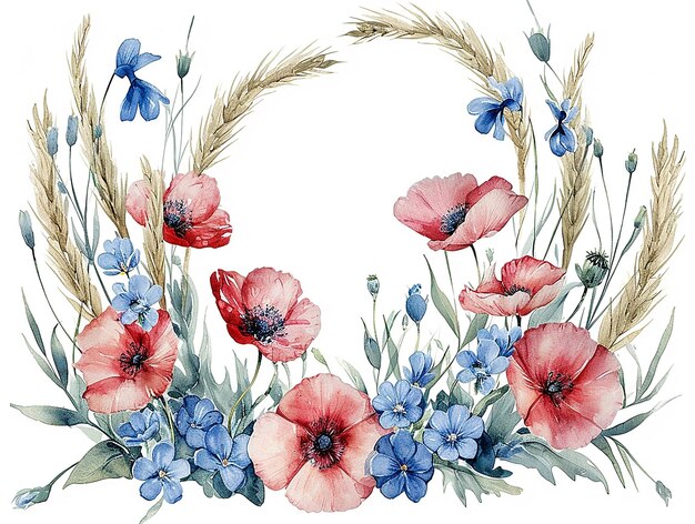 watercolor style set of poppies forgetmenots and ears of corn white background