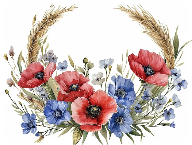 watercolor style set of poppies forgetmenots and ears of corn white background