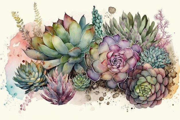 Watercolor succulent garden with mix of different varieties and colors