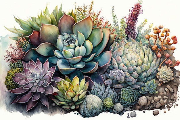 Watercolor succulent garden with variety of colors and textures